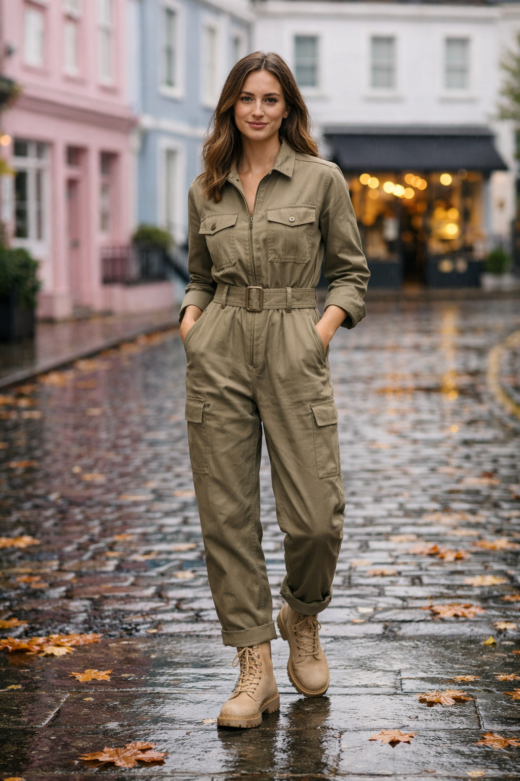 Khaki utility jumpsuit with cinched belt—london outfits november style in Paris destination