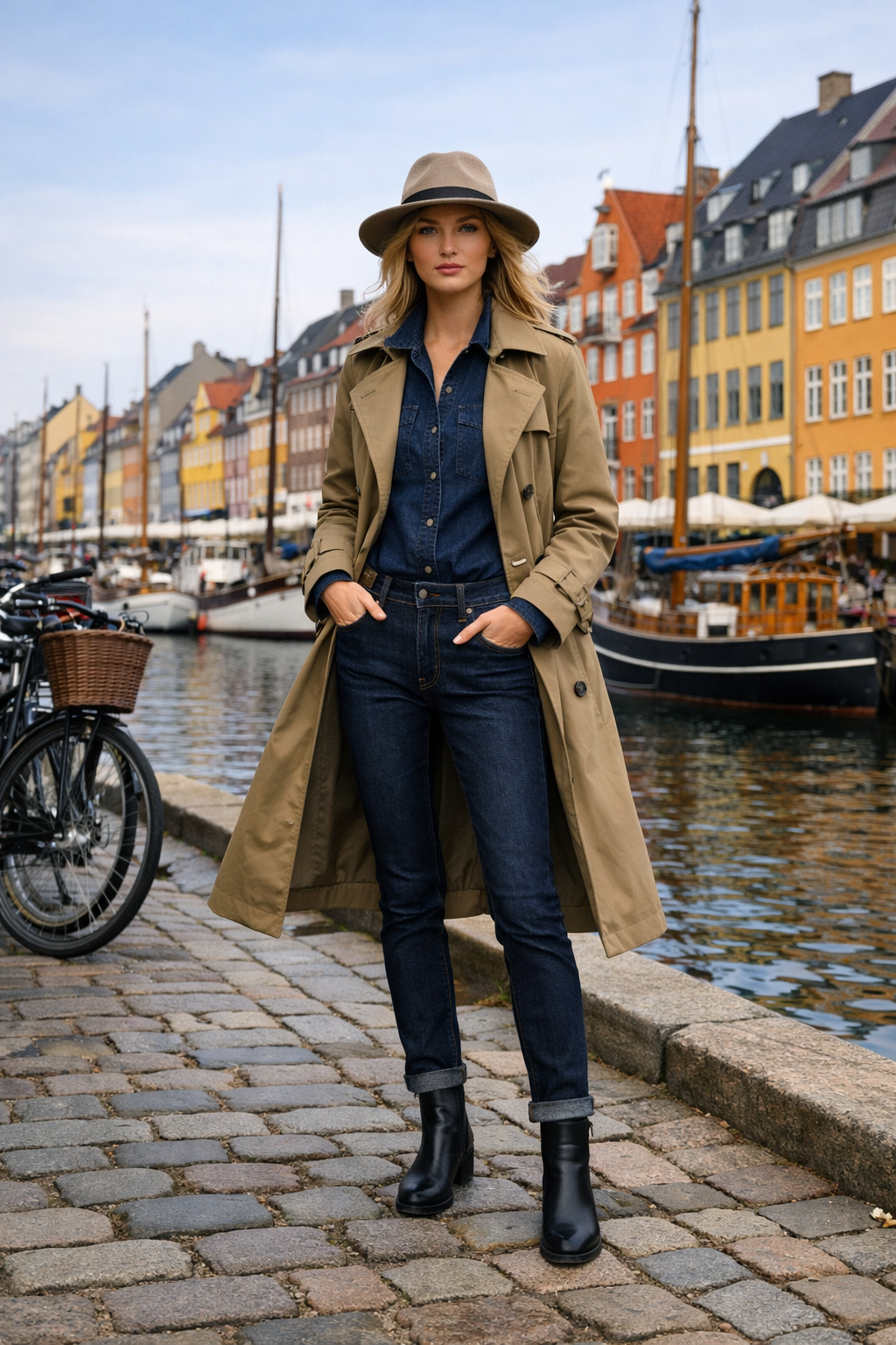 Khaki water-resistant trench coat and dark denim for copenhagen outfits, Copenhagen destination style Khaki water-resistant trench coat and dark denim for copenhagen outfits, Copenhagen destination style