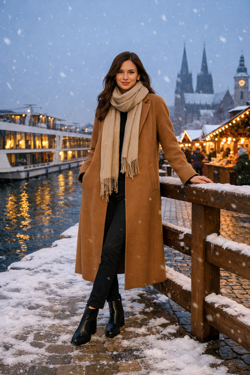 Camel wool coat with cashmere scarf for christmas market river cruise outfits, perfect for winter cruise style Camel wool coat with cashmere scarf for christmas market river cruise outfits, perfect for winter cruise style