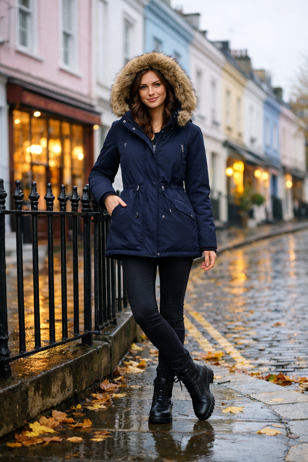 Midnight waterproof parka with faux fur hood for london outfits november—perfect London fall outerwear