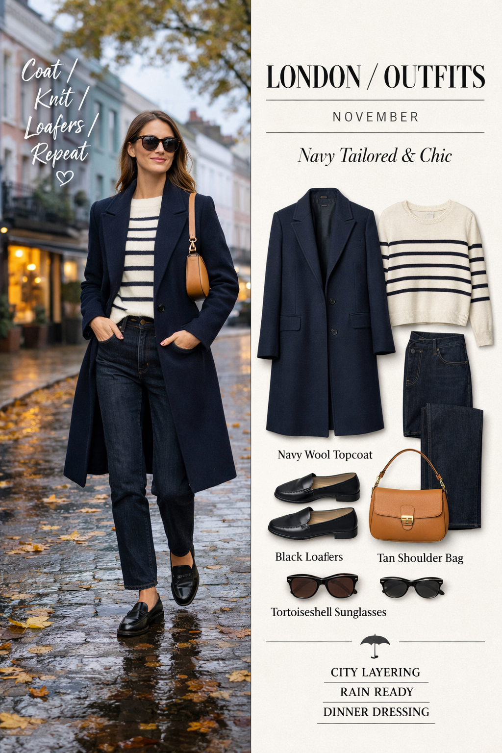 Navy wool tailored topcoat with sharp lapels for london outfits november in London