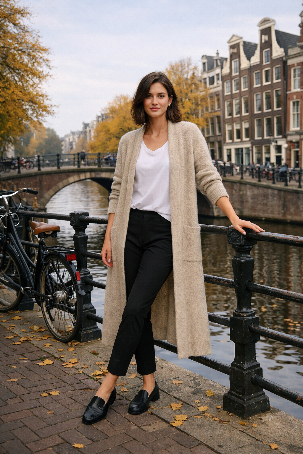 Amsterdam outfits: oatmeal alpaca longline cardigan with black cigarette pants in Amsterdam Amsterdam outfits: oatmeal alpaca longline cardigan with black cigarette pants in Amsterdam