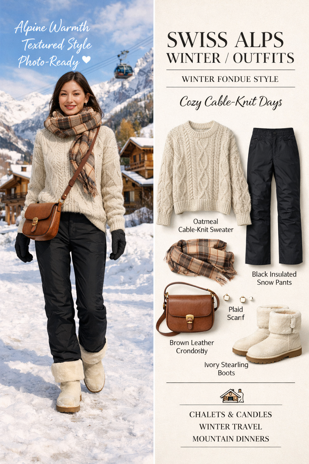 Oatmeal chunky cable-knit sweater for swiss alps winter outfits in Destination winter style Oatmeal chunky cable-knit sweater for swiss alps winter outfits in Destination winter style