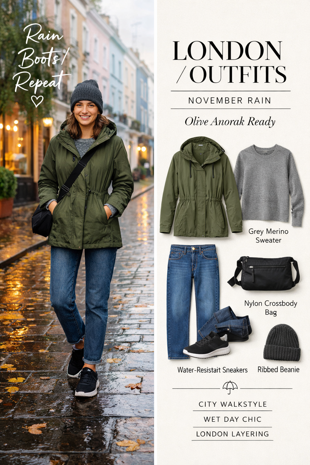 Olive hooded waterproof anorak with drawstring waist for london outfits november in London
