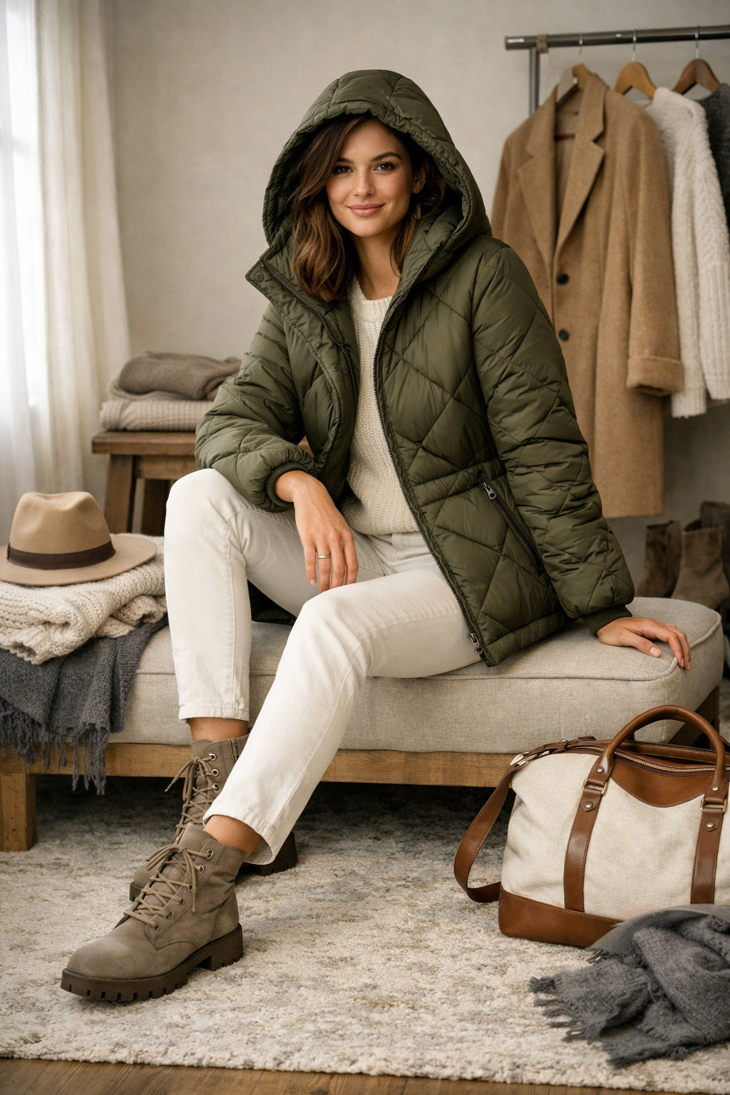 Olive quilted hooded puffer for a european winter capsule wardrobe—perfect winter style in Europe Olive quilted hooded puffer for a european winter capsule wardrobe—perfect winter style in Europe