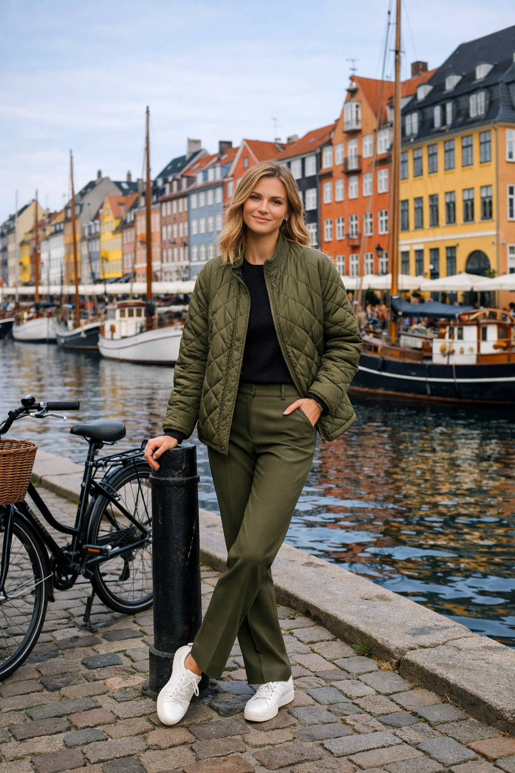 Olive quilted jacket and tailored trousers for copenhagen outfits, destination Copenhagen Olive quilted jacket and tailored trousers for copenhagen outfits, destination Copenhagen