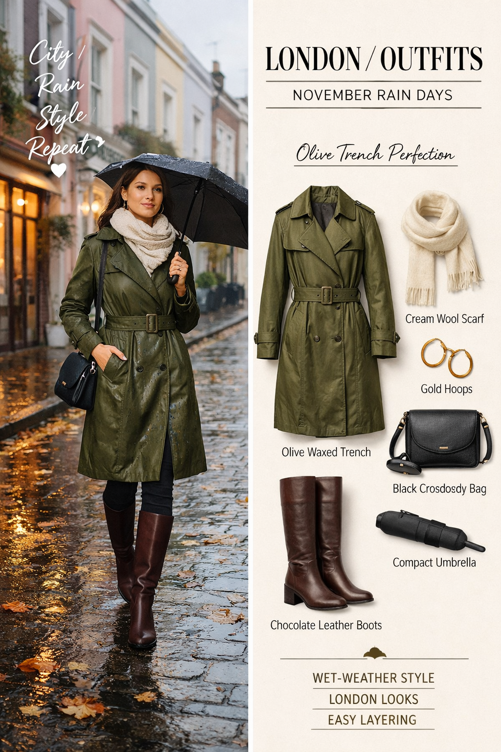 Olive waxed belted trench with storm flap—perfect london outfits november style for destination