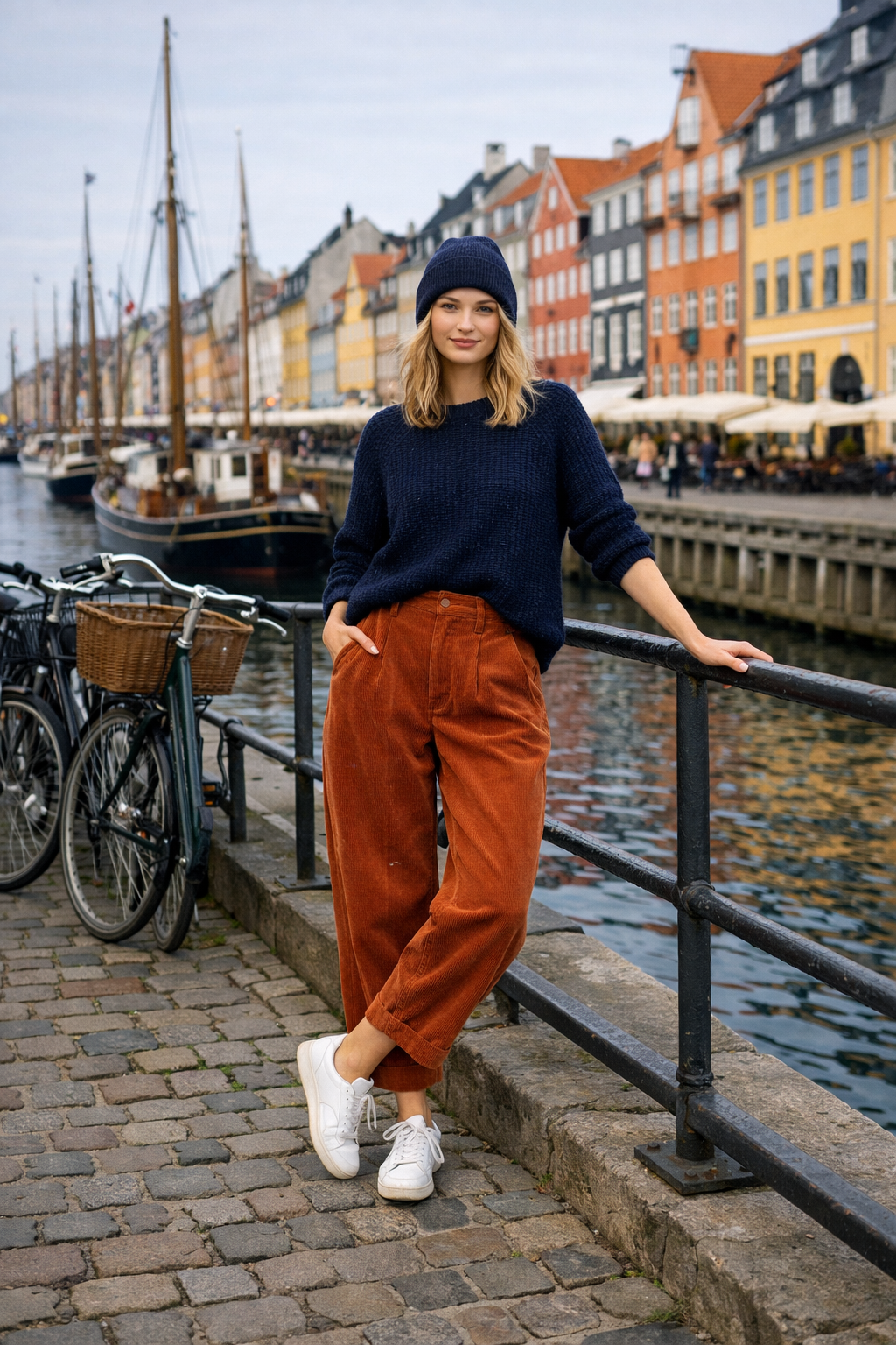 Rust corduroy barrel pants with navy knit—copenhagen outfits for a stylish look in Copenhagen Rust corduroy barrel pants with navy knit—copenhagen outfits for a stylish look in Copenhagen