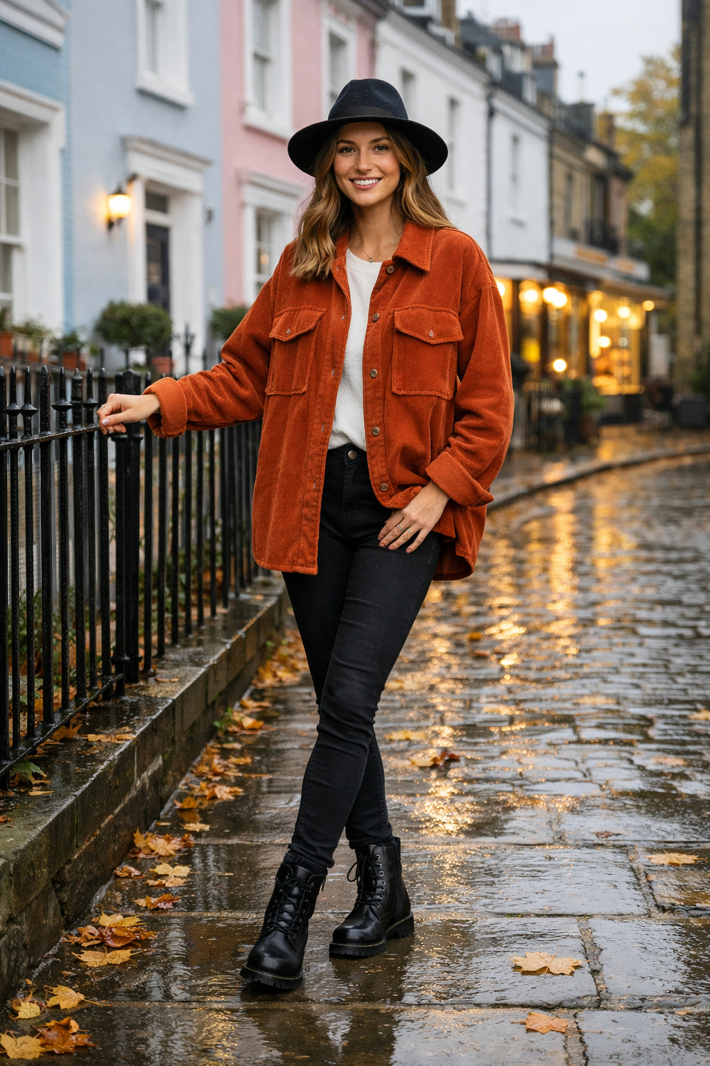 Rust corduroy shacket with oversized pockets—london outfits november in style, perfect for destination.