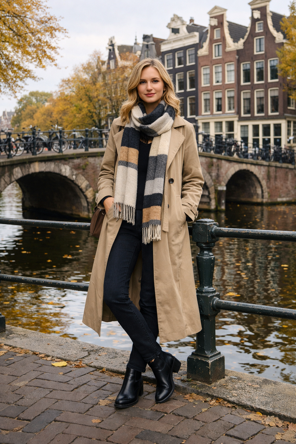 Amsterdam outfits: sand cotton long trench with striped wool scarf—perfect for city strolls in Amsterdam Amsterdam outfits: sand cotton long trench with striped wool scarf—perfect for city strolls in Amsterdam