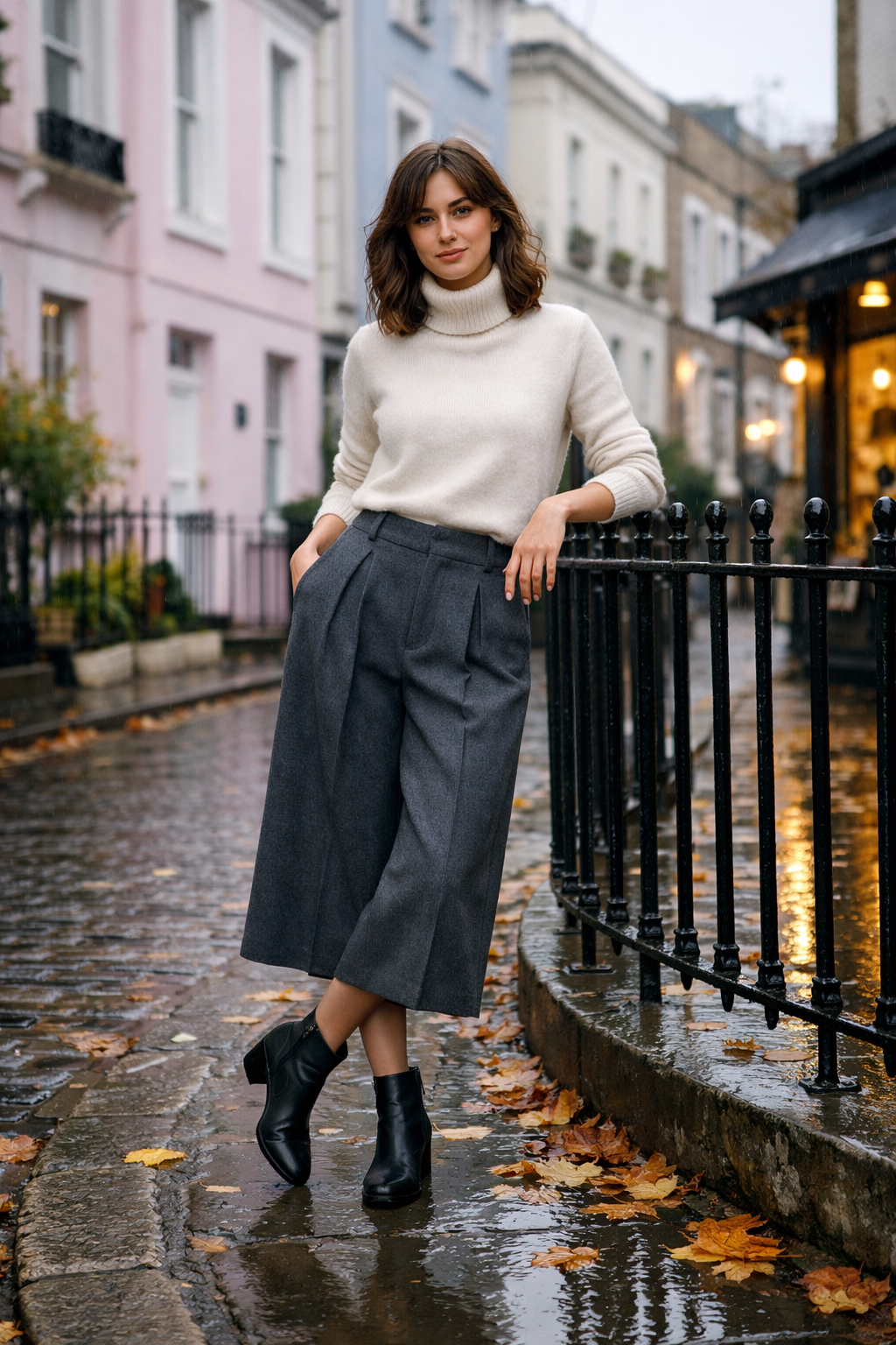 Slate wool culottes with pressed front pleats for london outfits november — destination