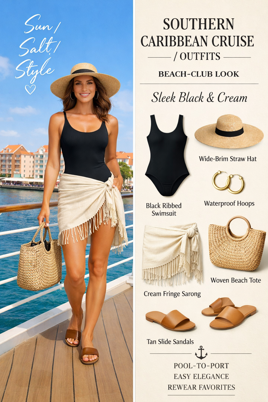 Sleek black one-piece with fringe sarong for southern caribbean cruise outfits in the Virgin Islands Sleek black one-piece with fringe sarong for southern caribbean cruise outfits in the Virgin Islands