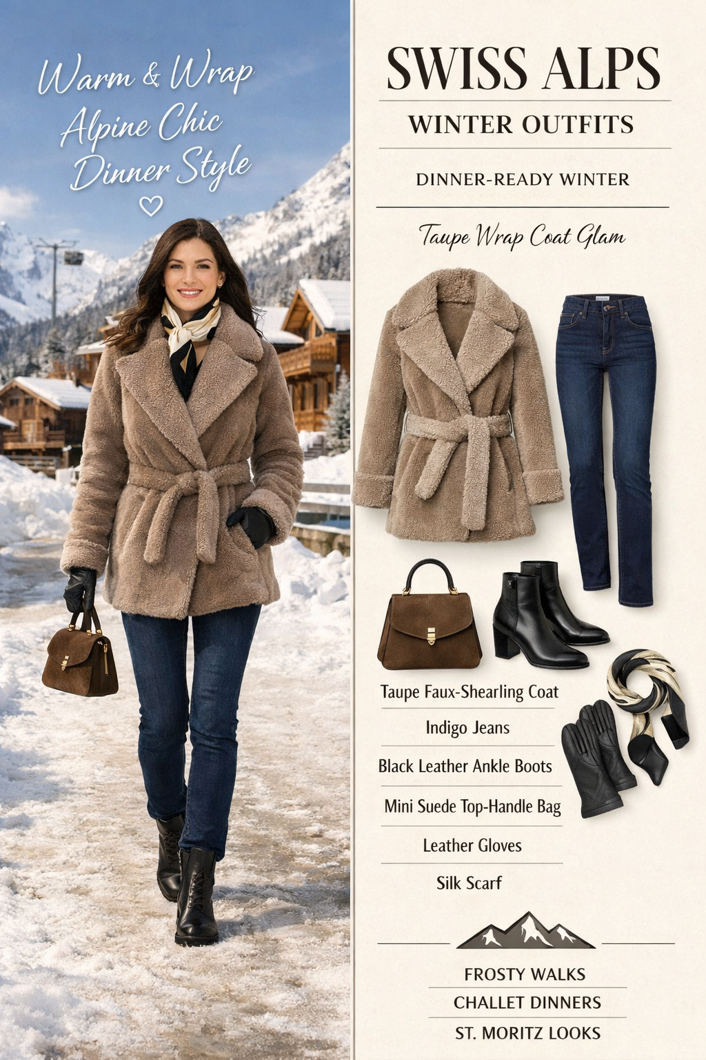 Taupe faux-shearling wrap coat for swiss alps winter outfits, perfect for winter in the Alps destination Taupe faux-shearling wrap coat for swiss alps winter outfits, perfect for winter in the Alps destination