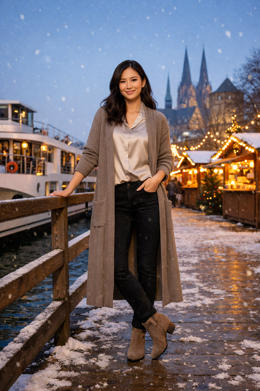 Taupe ribbed longline cardigan with satin blouse—christmas market river cruise outfits for your river destination Taupe ribbed longline cardigan with satin blouse—christmas market river cruise outfits for your river destination
