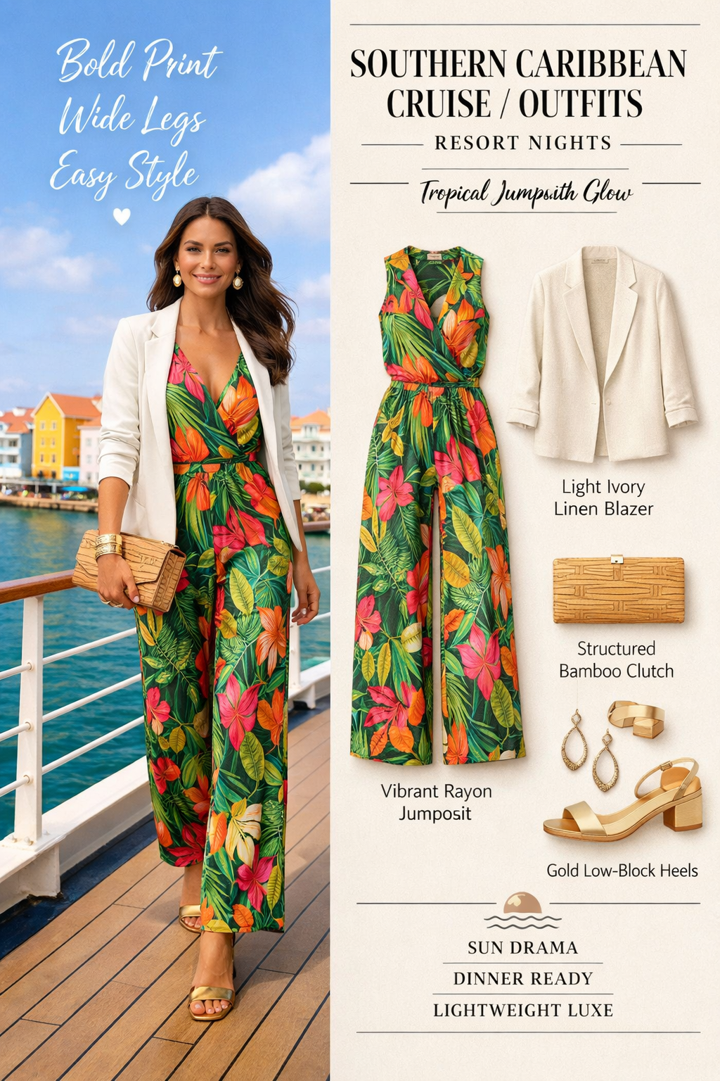 Vibrant tropical print wide-leg jumpsuit for southern caribbean cruise outfits on the Caribbean coast Vibrant tropical print wide-leg jumpsuit for southern caribbean cruise outfits on the Caribbean coast